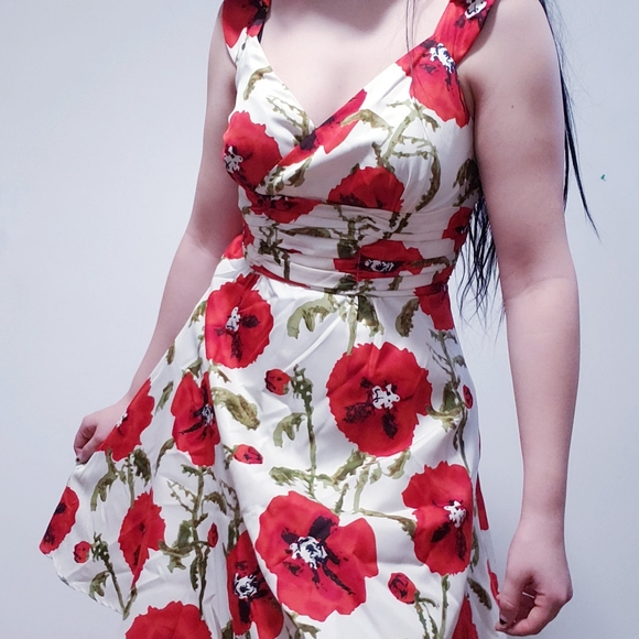 Chadwicks Collection Floral Midi White & Red Ruffle Sleeve Dress - Picture 2 of 8